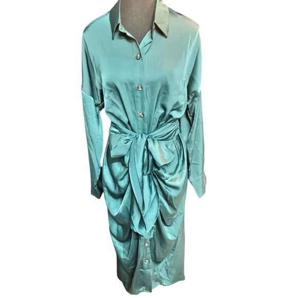Dress – Size Medium BTFBM Green Satin Draped Button-Up Midi Shirt Dress - Picture 1 of 4